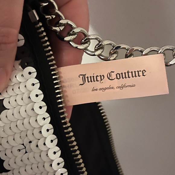 Juicy Couture Black White Sequin Chain Leather Strap Houndstooth Evening Bag GUC - Picture 3 of 6